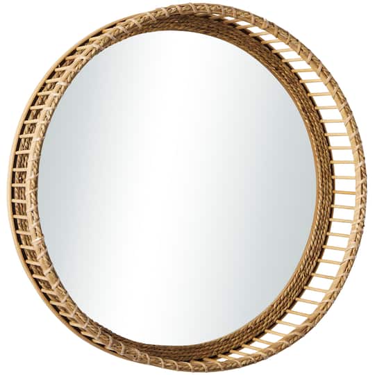 Light Brown Bamboo Handmade Weaved Rattan Wall Mirror 21" x 5" x 21"